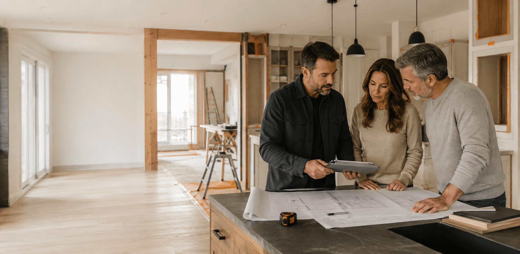 Fictional contractor and homeowners reviewing renovation plans
