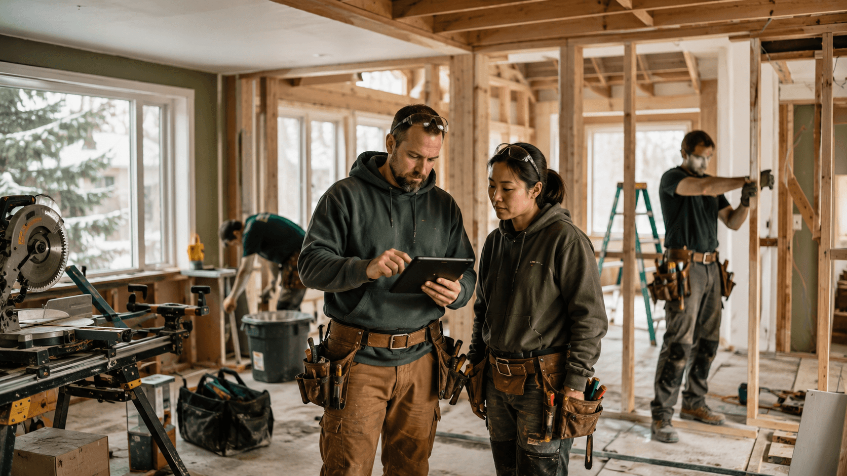 Fictional renovation team coordinating work inside a framed home