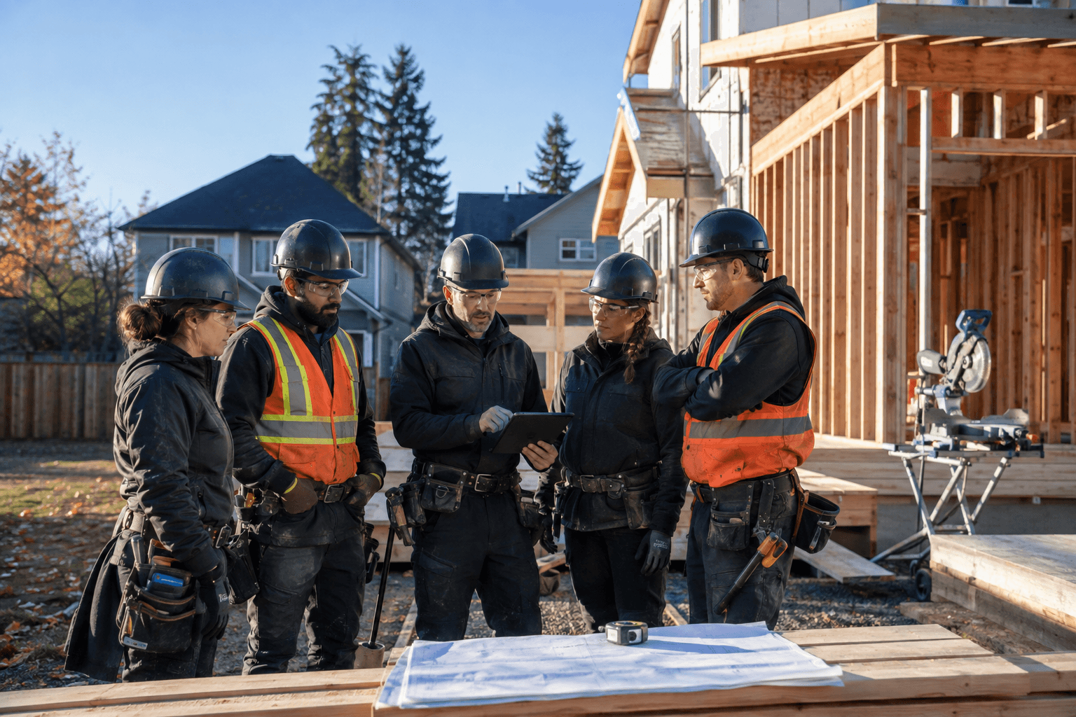 Fictional site team reviewing a tablet